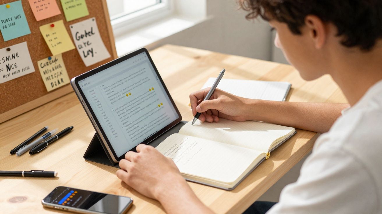 Pessoa a estudar com tablet, caderno e smartphone numa secretária iluminada pela janela.