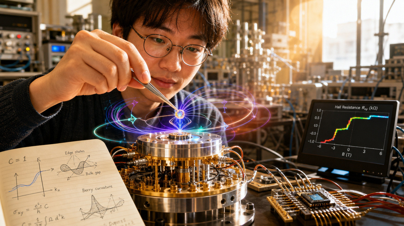 Cientista manipula equipamento quântico em laboratório, com gráficos e anotações de física na mesa.
