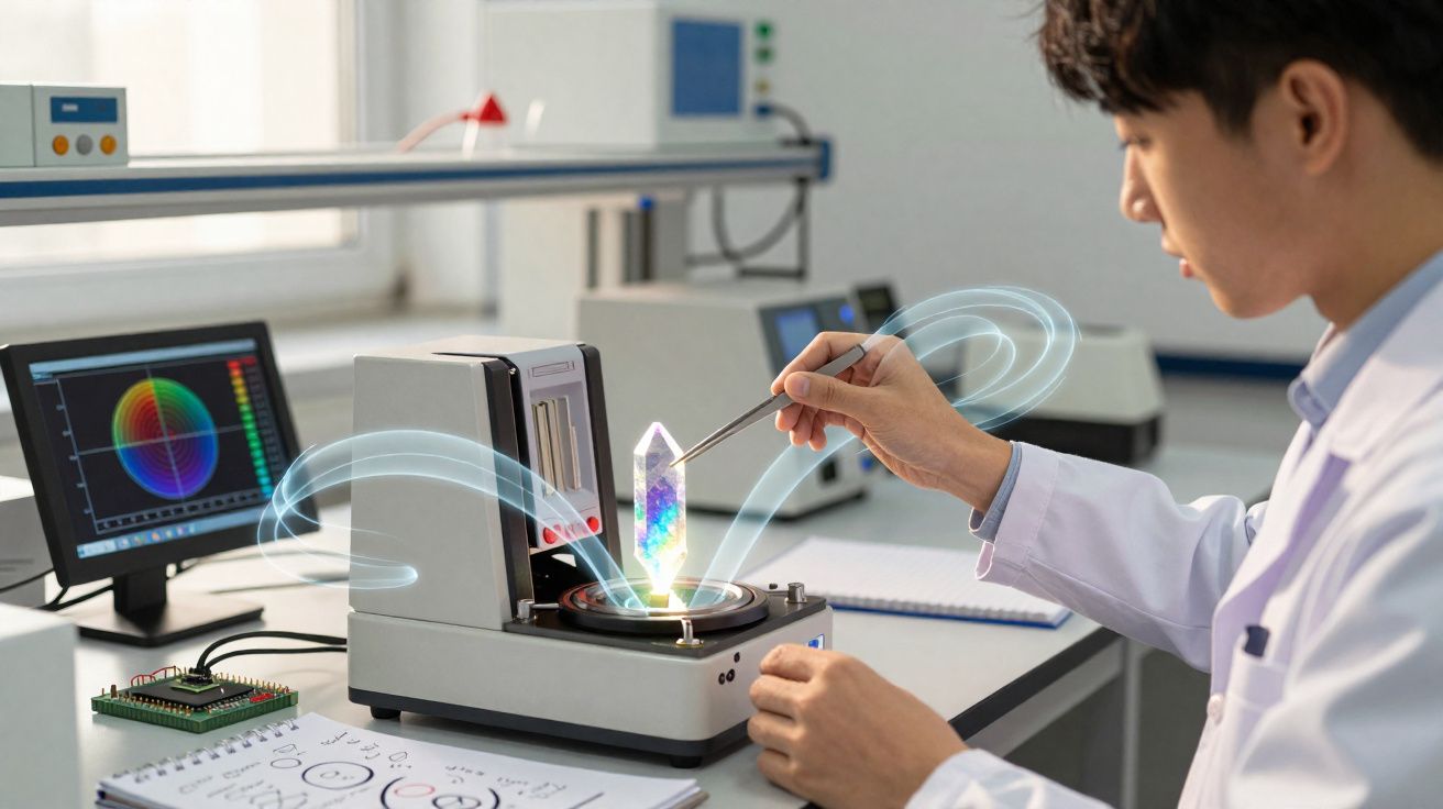 Cientista manuseia cristal brilhante numa máquina de laboratório com gráficos coloridos no monitor.