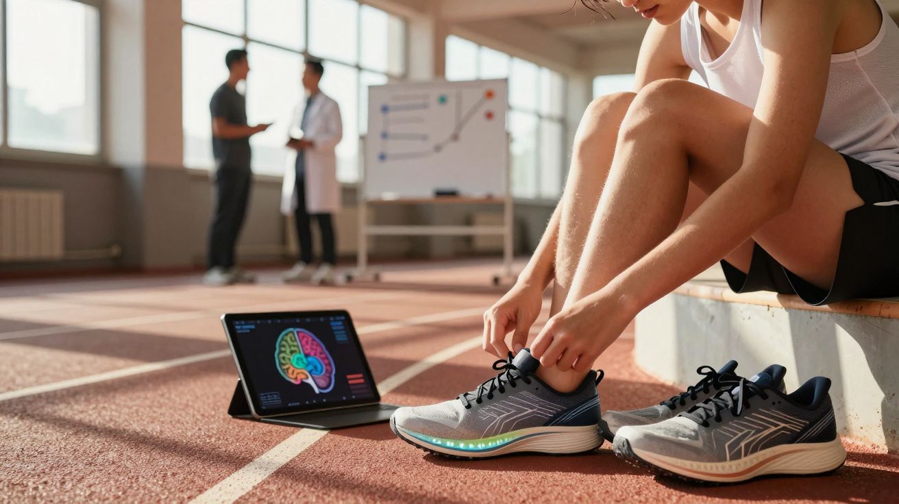 Pessoa a calçar sapatilhas desportivas junto a tablet com imagem de cérebro, com duas pessoas a falar ao fundo numa pista ind
