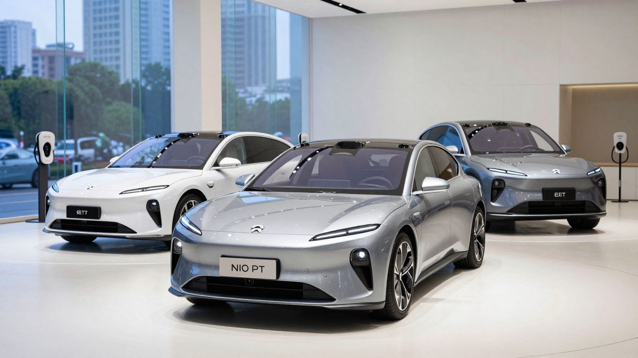 Três carros elétricos modernos da marca NIO expostos numa sala com paredes brancas e grandes janelas.