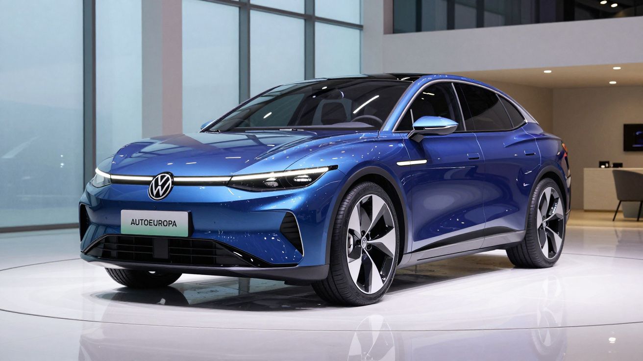 Automóvel elétrico Volkswagen azul brilhante em exposição numa área interior moderna e iluminada.