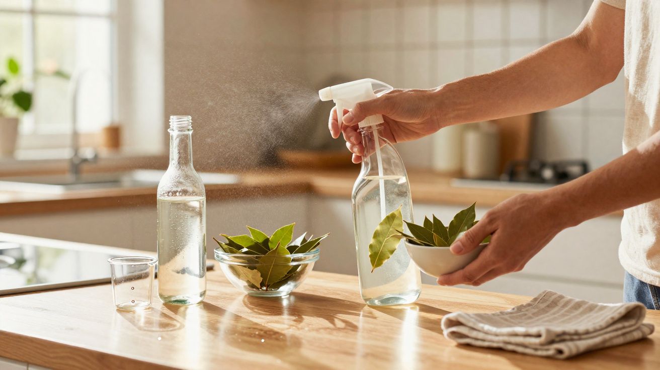 Pessoa a borrifar folhas de louro com água numa cozinha iluminada, com frascos e tigelas na bancada.