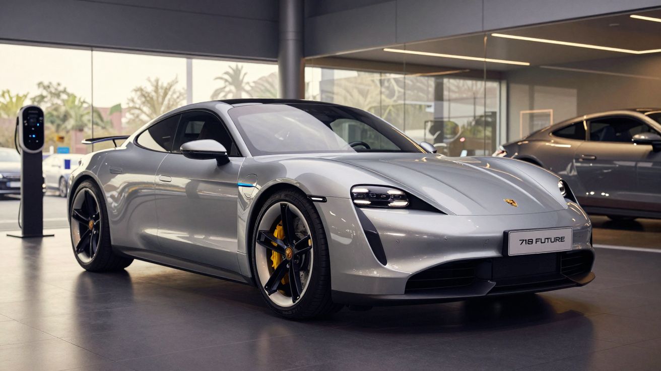 Carro desportivo cinzento Porsche 718 Future elétrico em exposição num showroom moderno.