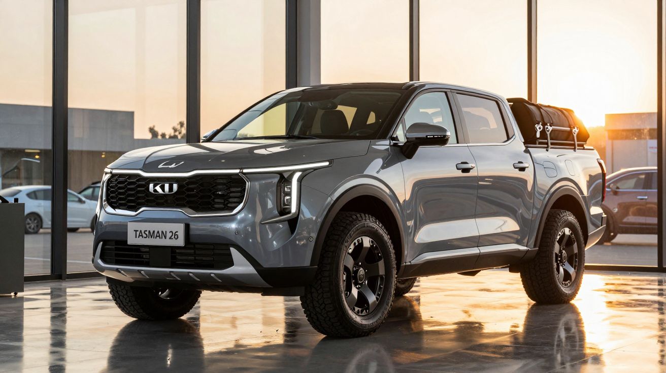 Pickup Kia Tasman 26 cinzenta estacionada num showroom com luz solar a entrar pelas janelas.