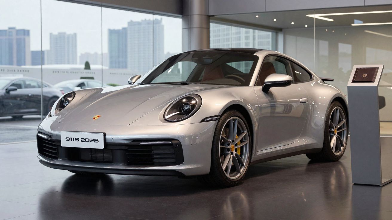 Carro desportivo Porsche 911S cinzento exposto numa sala de exposição moderna com janelas de vidro.