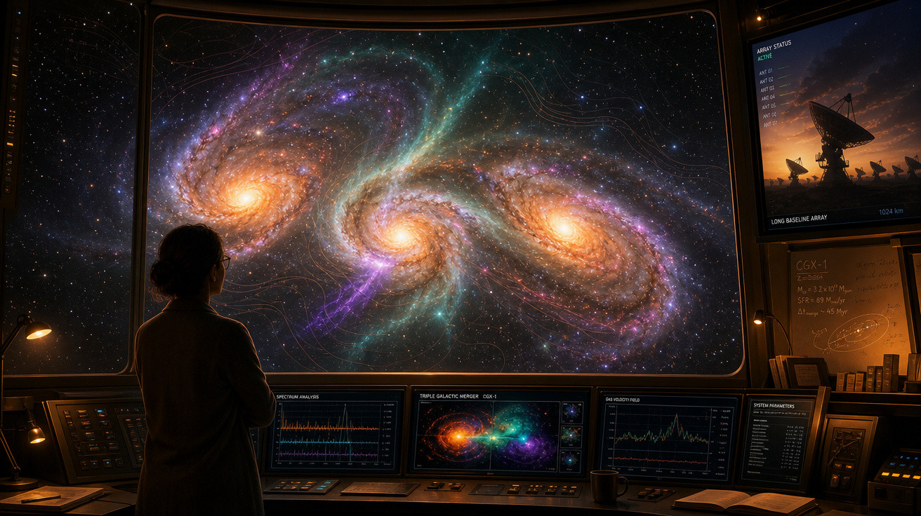 Pessoa a observar três galáxias espirais coloridas numa grande tela num centro de controlo espacial futurista.