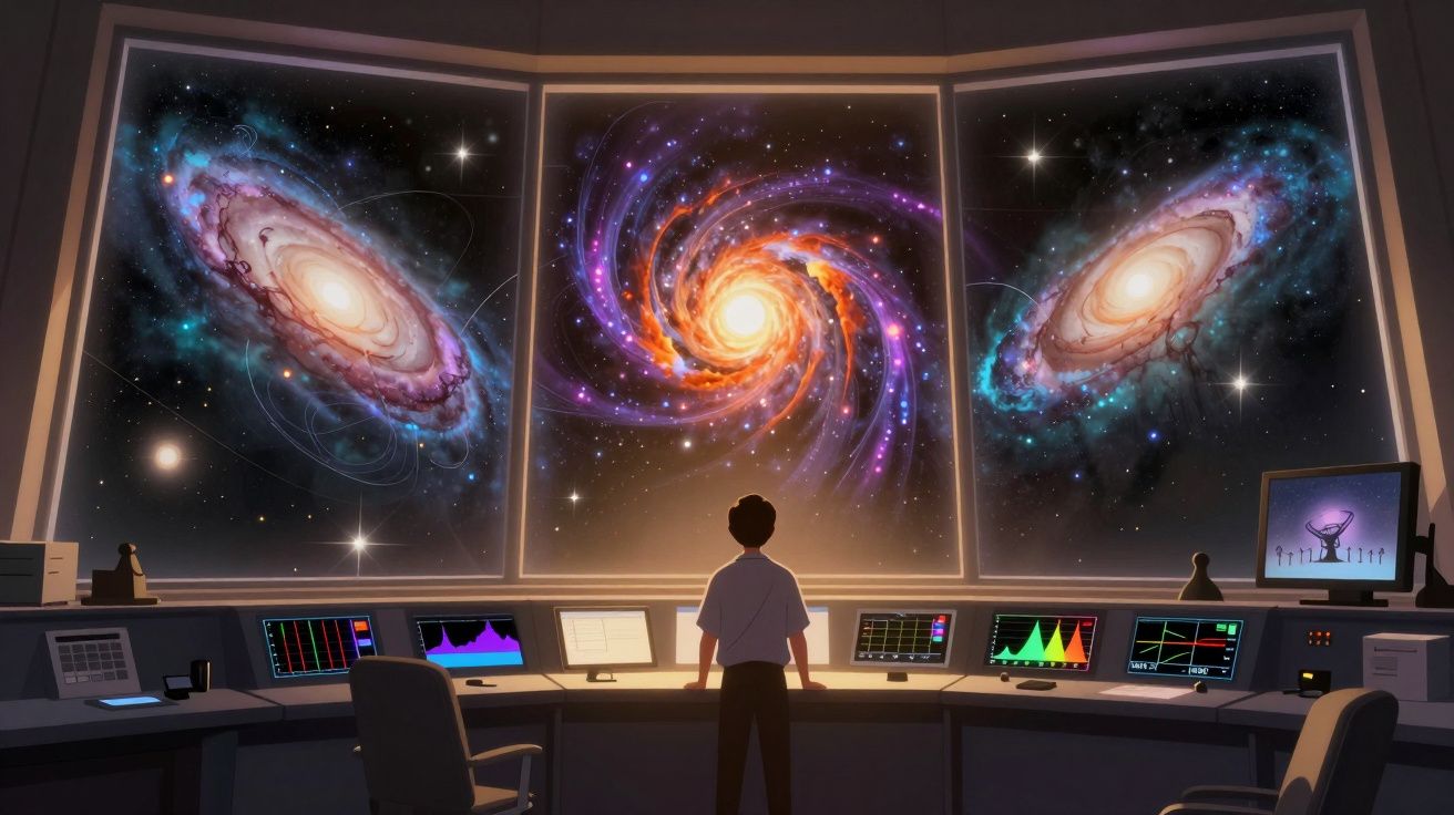 Pessoa observa galáxias e sistema estelar colorido numa sala de controlo com vários ecrãs digitais.