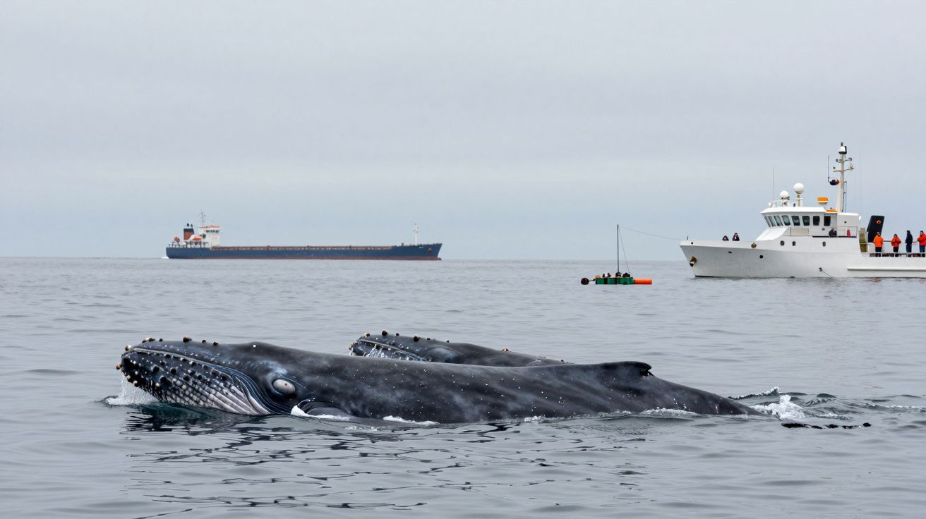 Baleia jubarte a emergir no oceano com um navio mercante e uma embarcação de observação ao fundo.