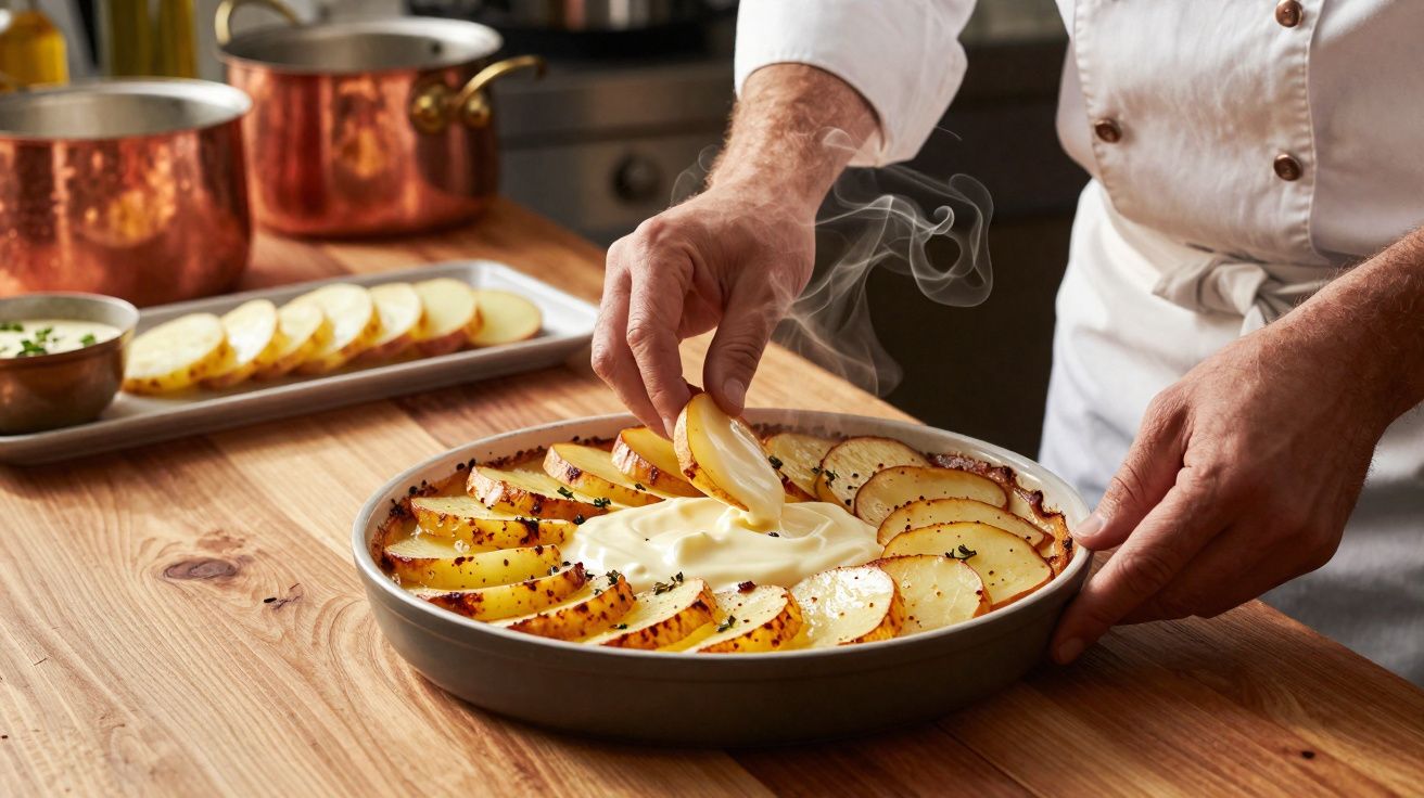 Chef a preparar tarte de maçã com molho cremoso numa cozinha profissional.