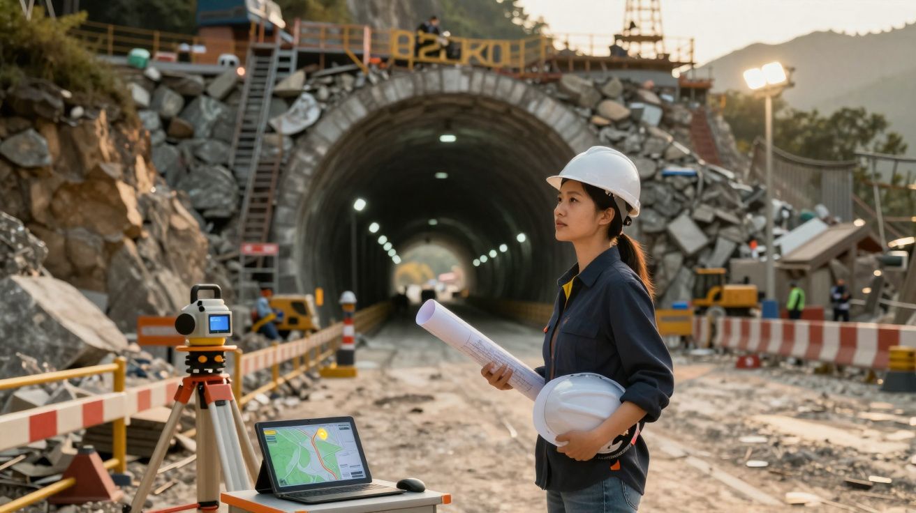 Engenheira de obras com capacete em mão observa túnel em construção, com equipamento topográfico e computador à frente.