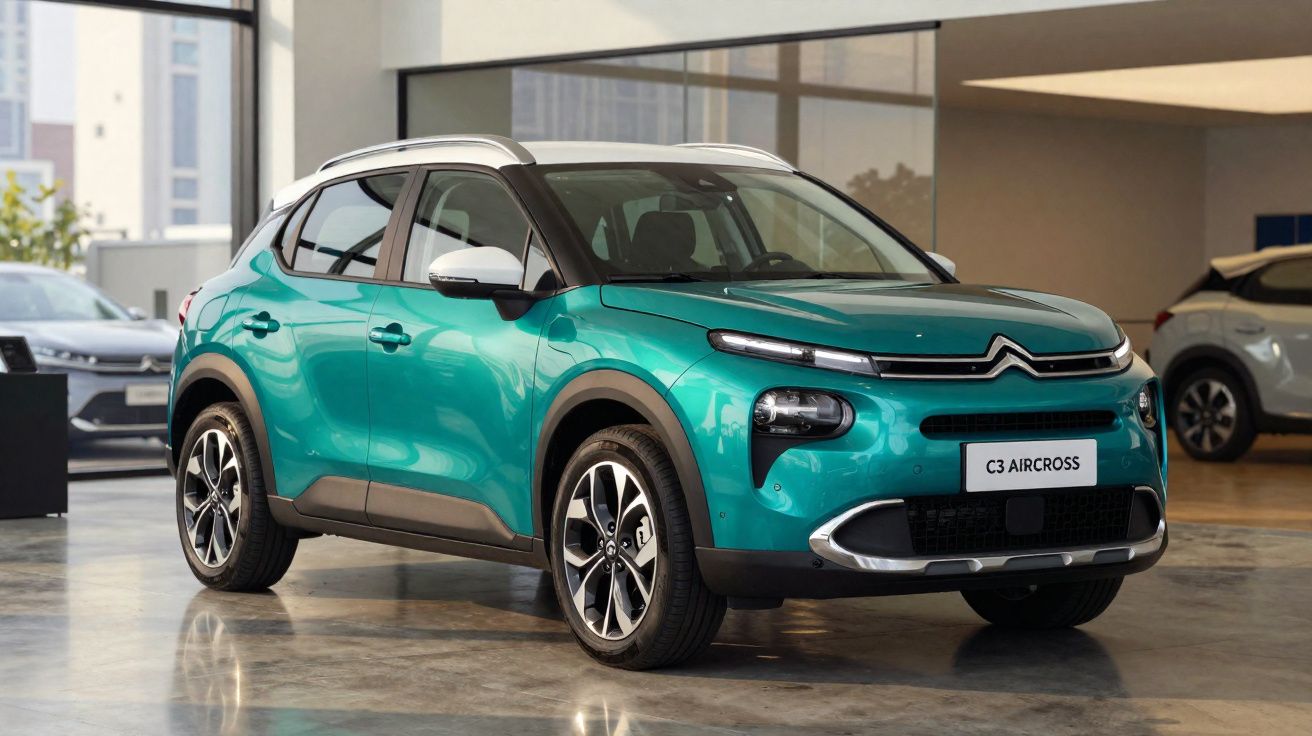 Citroën C3 Aircross verde exibido em interior de concessionária com iluminação natural.