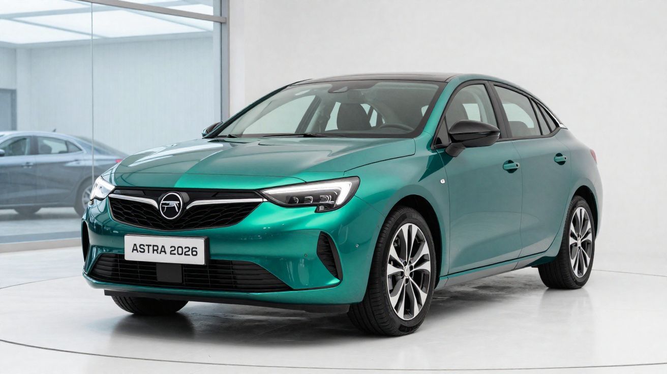 Carro Opel Astra 2026 verde metálico em estúdio, vista frontal e lateral direita.