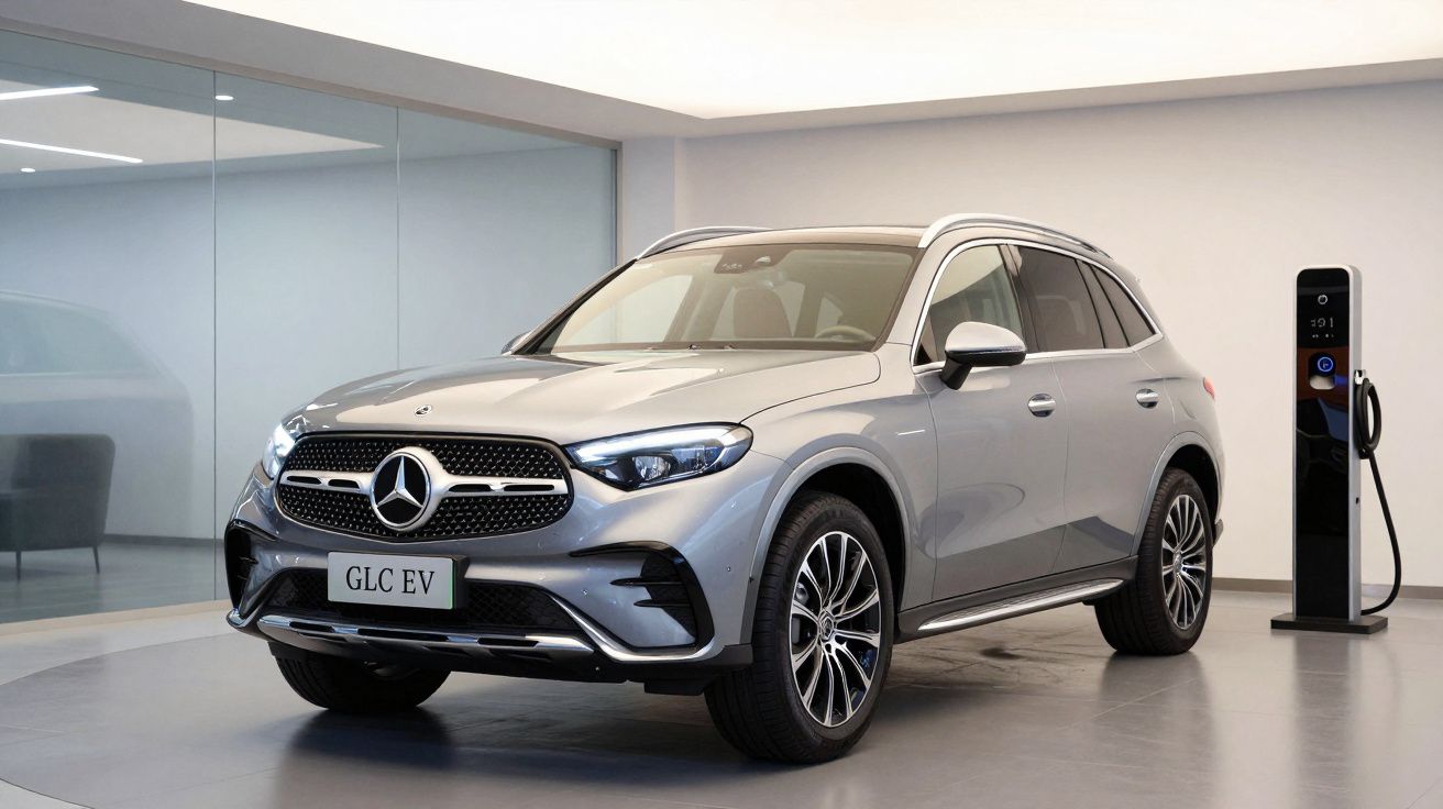 Mercedes-Benz GLC EV cinzento estacionado interiormente ao lado de posto de carregamento eléctrico.
