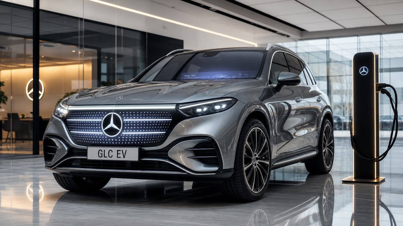 Mercedes-Benz SUV elétrico cinzento estacionado em espaço moderno com posto de carregamento.