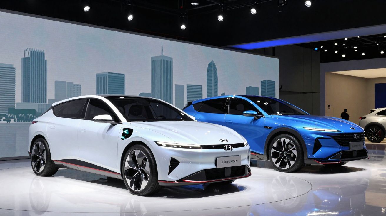 Dois carros elétricos Hyundai Ioniq 6 em exposição, um branco e outro azul, com cenário urbano ao fundo.