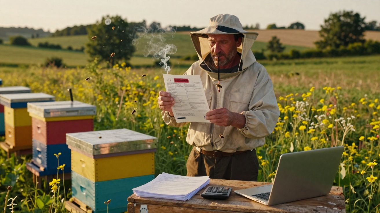 Apicultor com fato de proteção, fumegante na mão, verifica documentos junto a colmeias num campo florido.