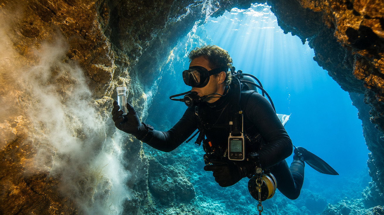 Mergulhador de equipamento completo explora caverna subaquática e analisa amostra em garrafa.