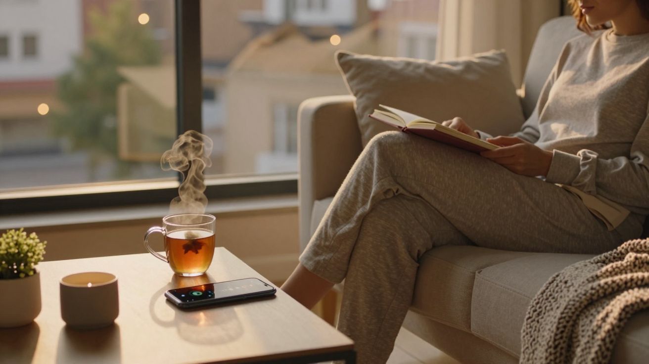 Pessoa sentada no sofá a ler um livro com chá quente e vela acesa na mesa junto à janela.