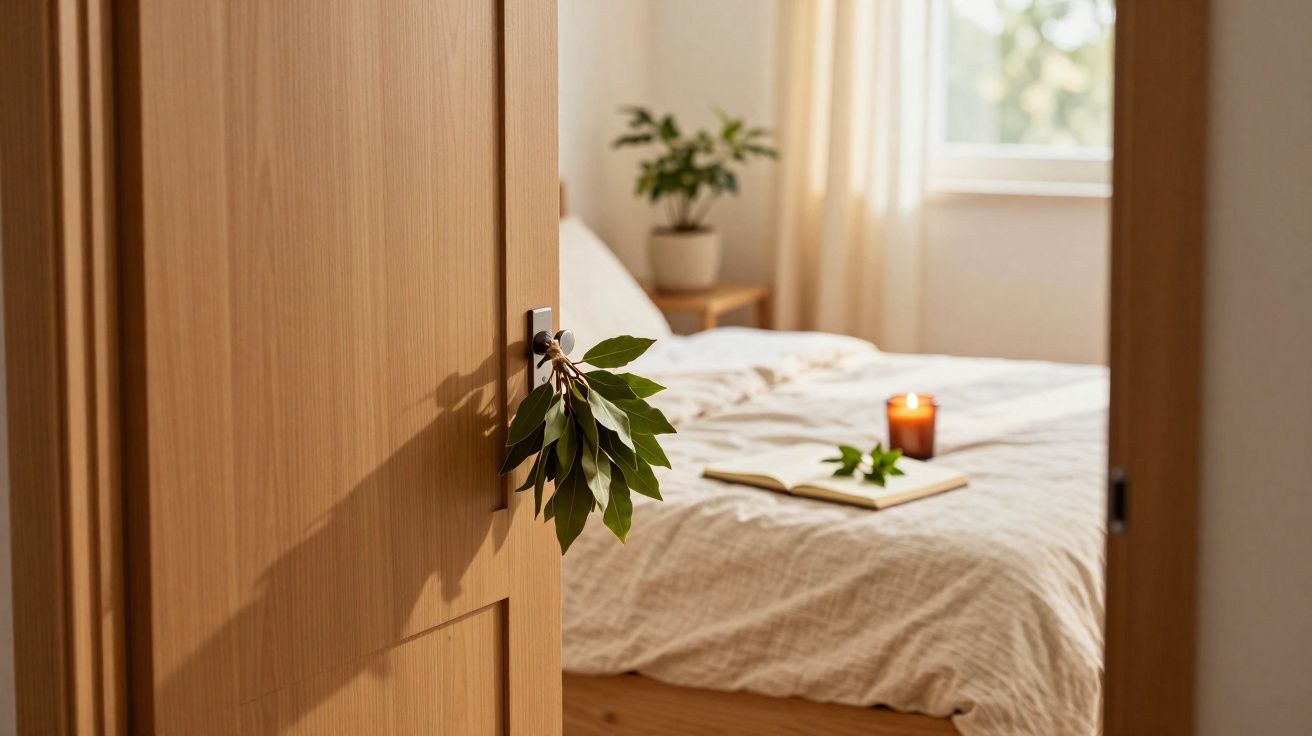 Quarto acolhedor com cama, vela acesa, livro aberto e ramo de folhas pendurado na maçaneta da porta de madeira.