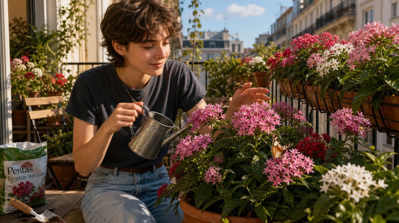 Jovem rega plantas flores cor-de-rosa e observa borboletas na varanda sob luz do sol numa cidade.