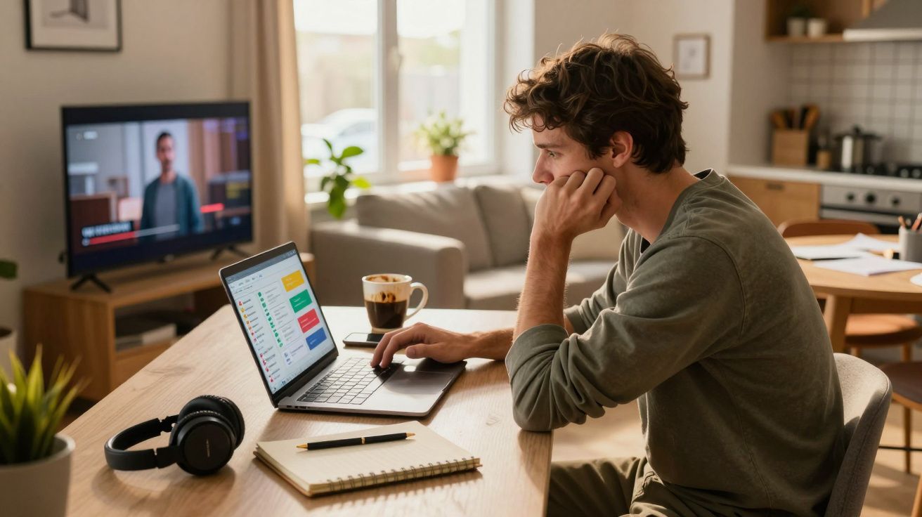 Homem a trabalhar no computador portátil numa mesa em casa, com auscultadores e caderno ao lado.