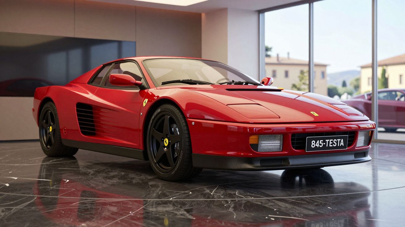Carro desportivo Ferrari vermelho com jantes pretas exibido numa sala moderna com grandes janelas.