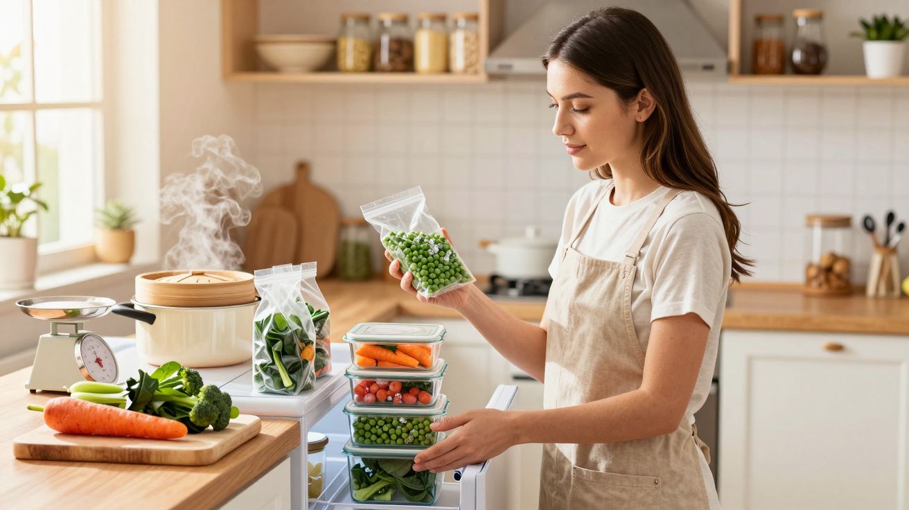 Mulher a organizar legumes frescos e congelados numa cozinha luminosa e moderna.