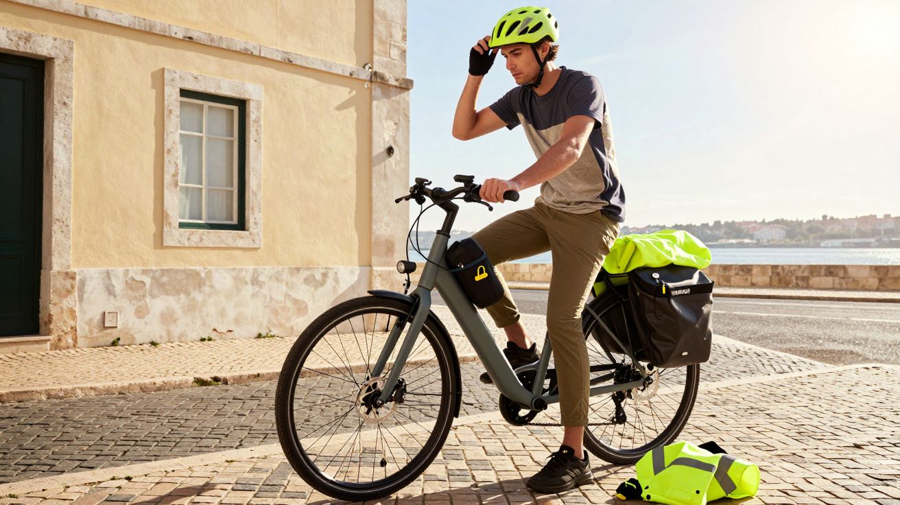 Homem com capacete amarelo sentado numa bicicleta elétrica junto a um passeio em dia soalheiro.