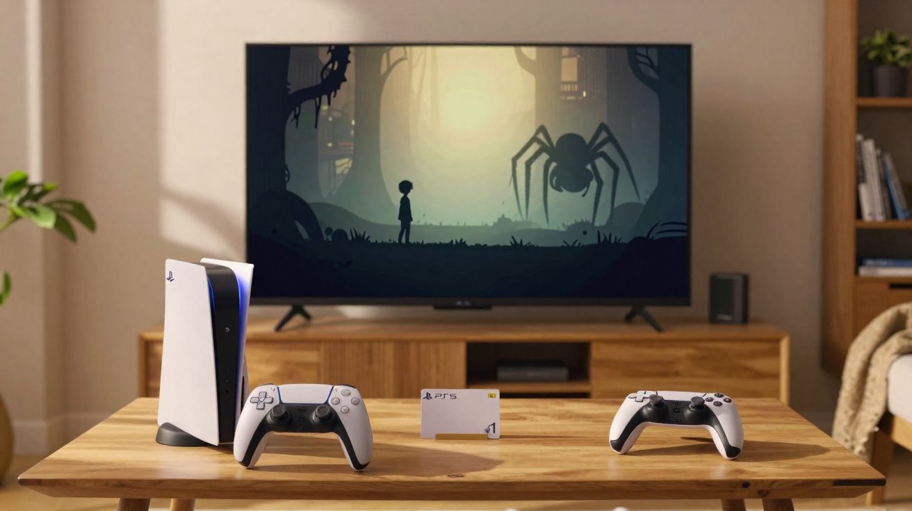 Consola PlayStation 5, comandos e jogo de aventura com personagem e aranha numa sala moderna.