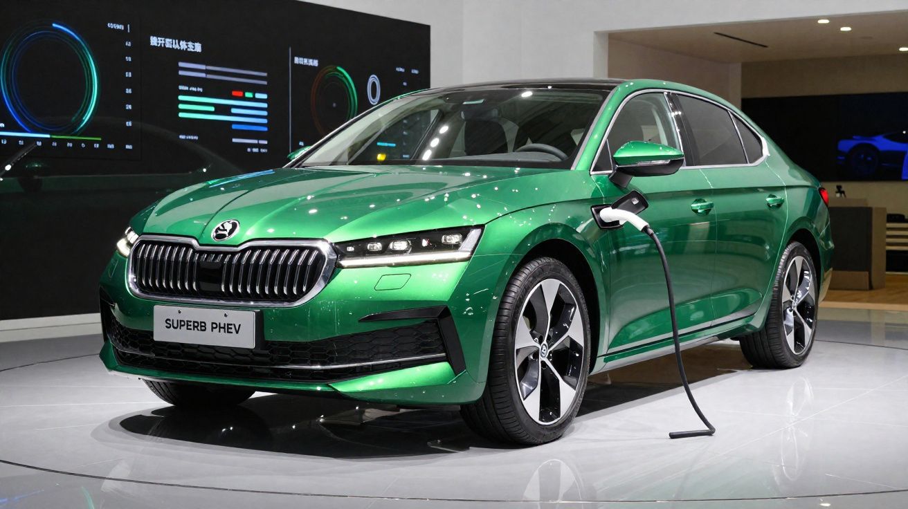 Carro elétrico verde Skoda Superb PHEV a carregar numa exposição automóvel moderna.