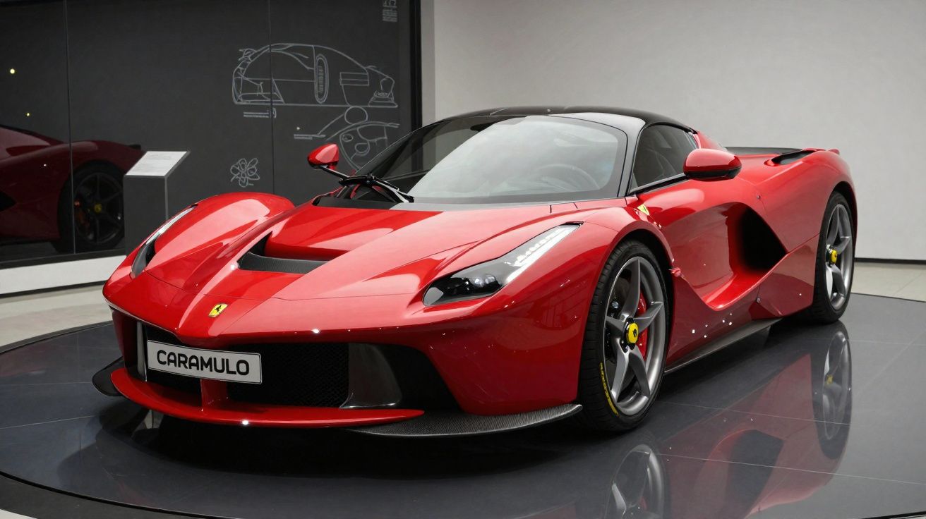 Carro desportivo vermelho Ferrari estacionado em exposição, refletindo no chão brilhante.