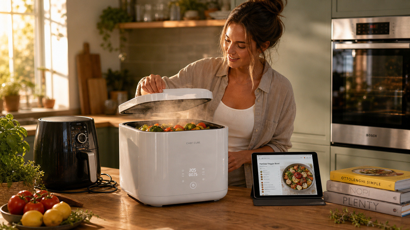 Mulher abre tampa de aparelho de cozinha inteligente com legumes a cozinhar, ao lado de tablet com receita.