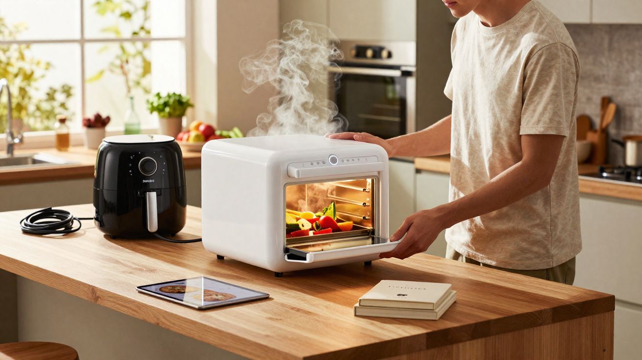 Pessoa a retirar alimentos cozinhados a vapor de um forno eléctrico numa cozinha moderna.