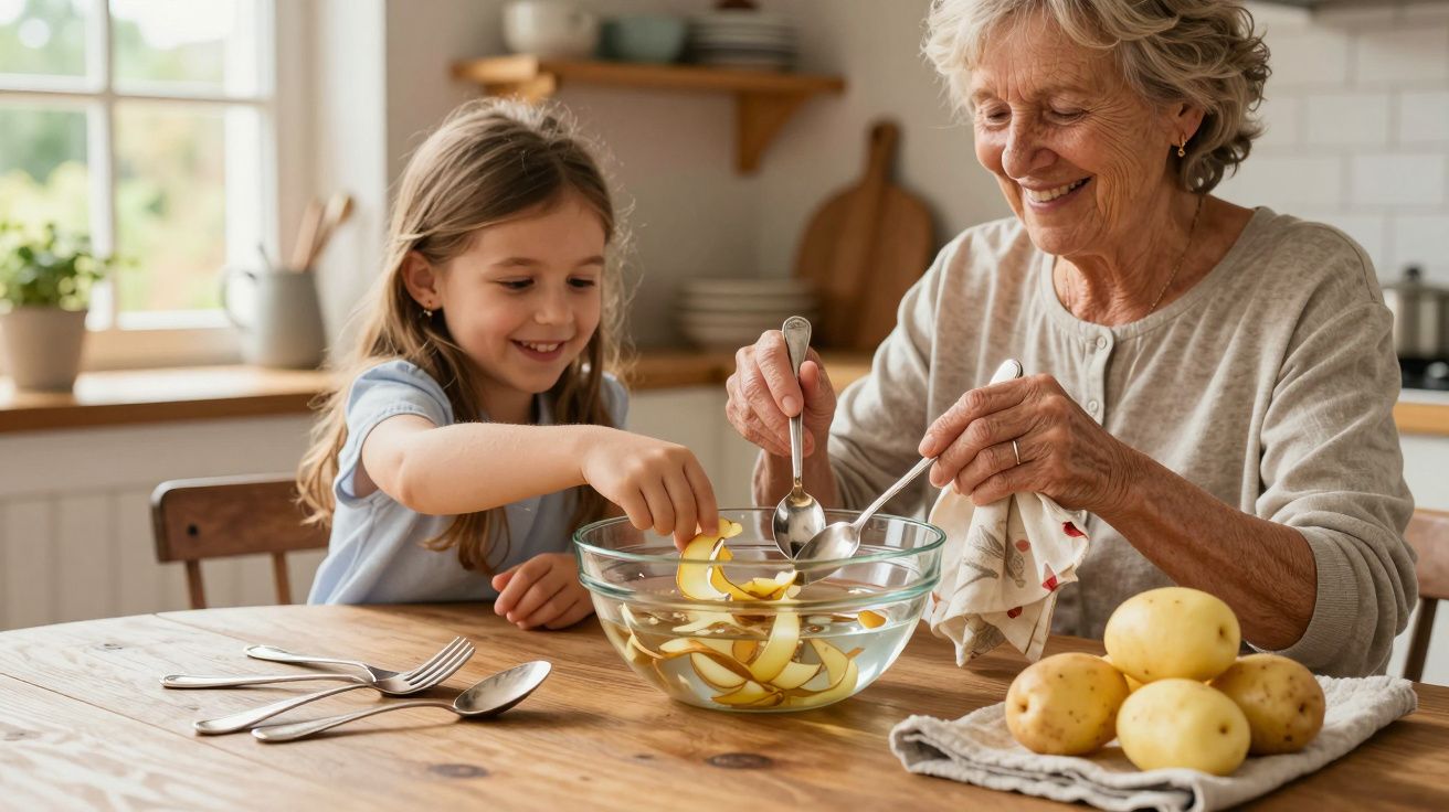 Avó e neta a prepararem batatas numa tigela na cozinha, sorrindo e divertindo-se juntas.