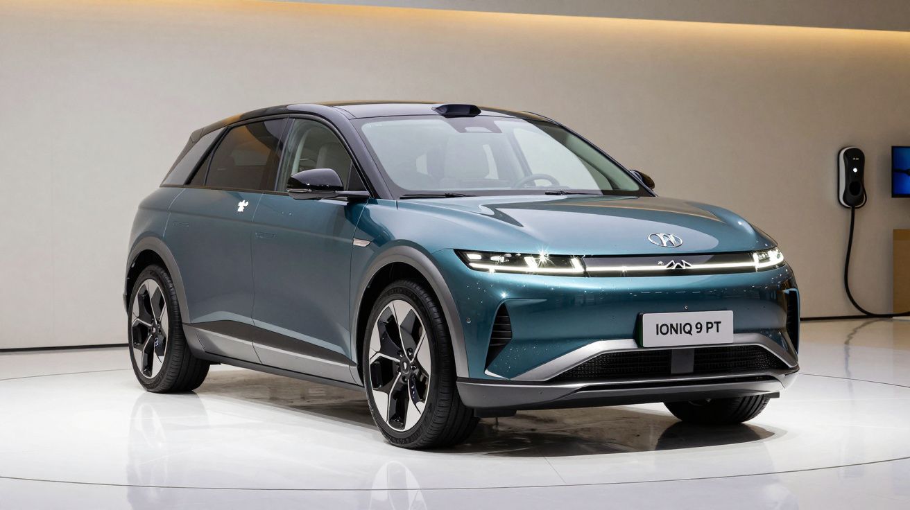 Carro elétrico Hyundai Ioniq 9 PT azul em exposição, visto de frente e lado esquerdo, com carregador à direita.