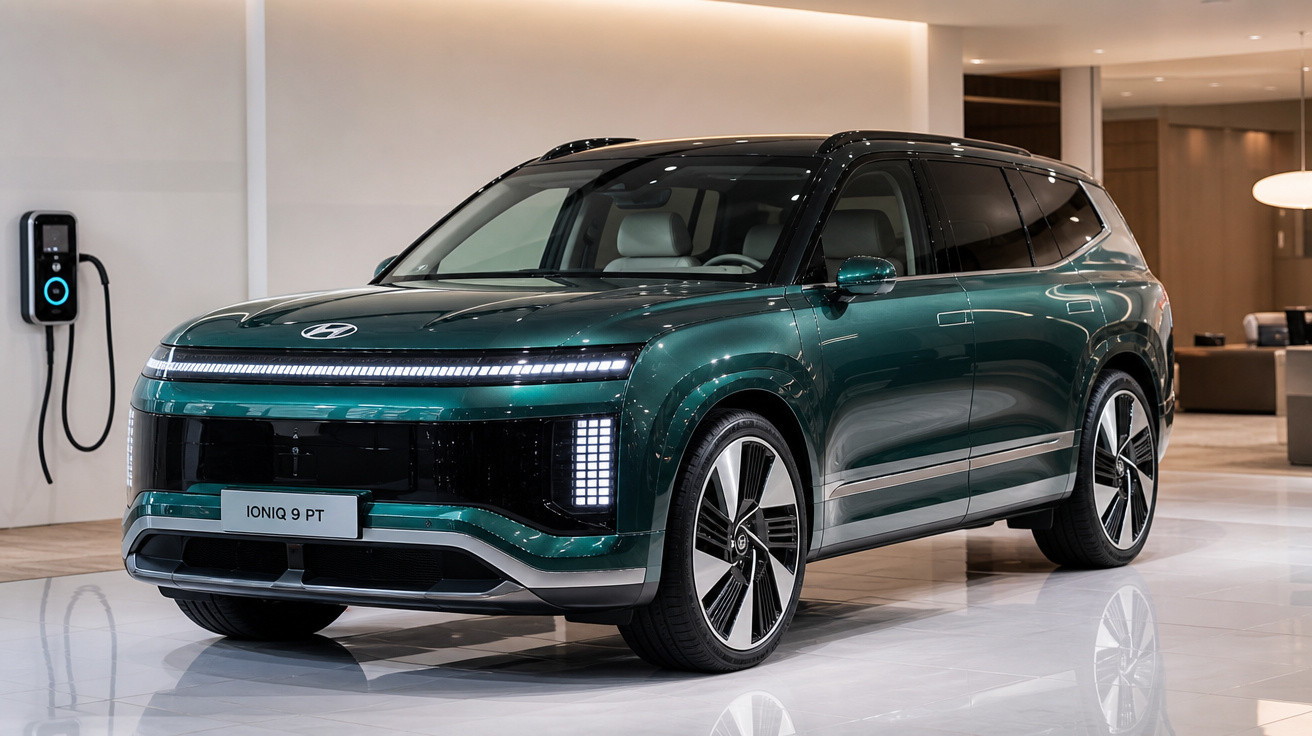 SUV elétrico Hyundai Ioniq 9 verde em exposição num espaço interior moderno com parede branca e carregador.