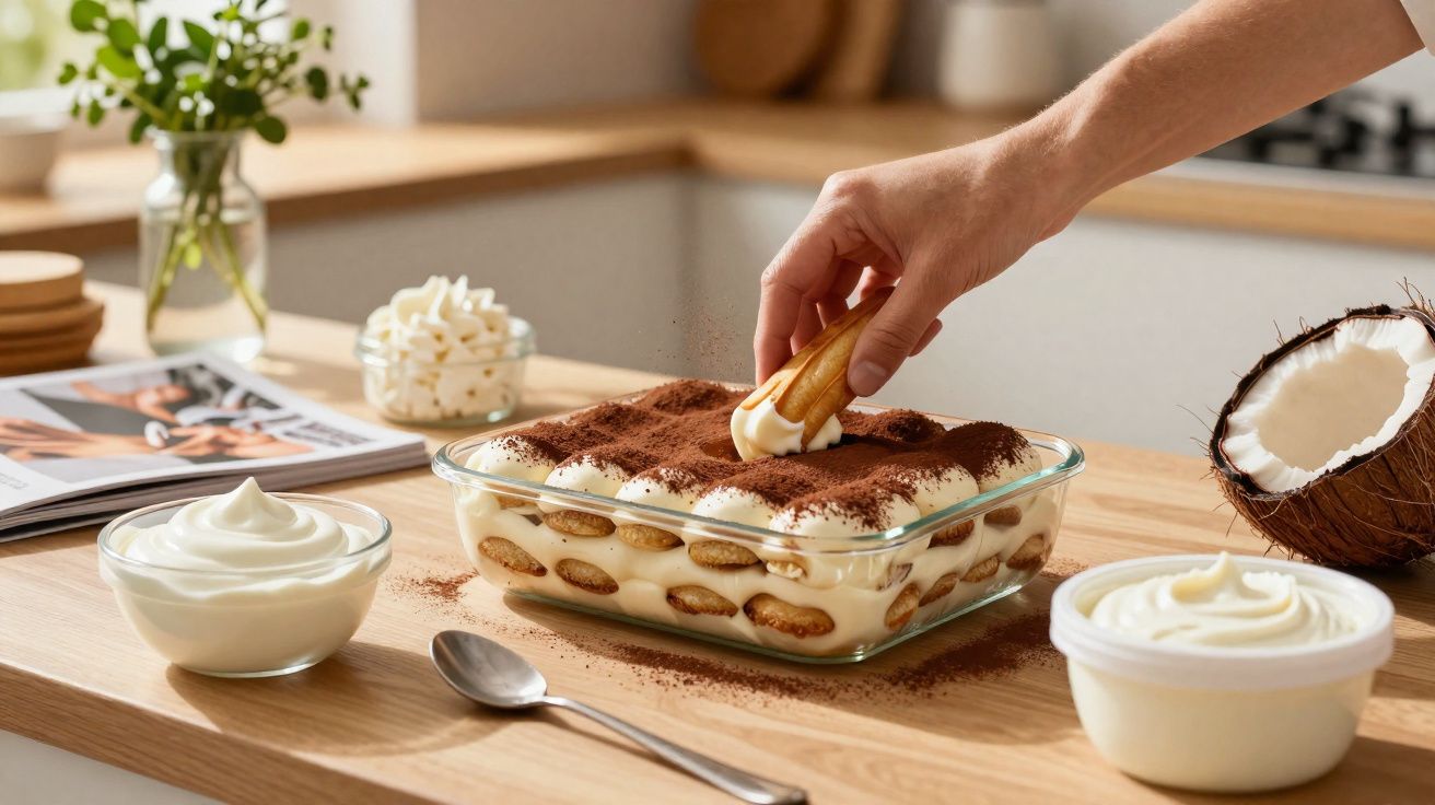 Mão a mergulhar bolacha em tiramisù numa taça de vidro, com coco partido e creme na bancada.