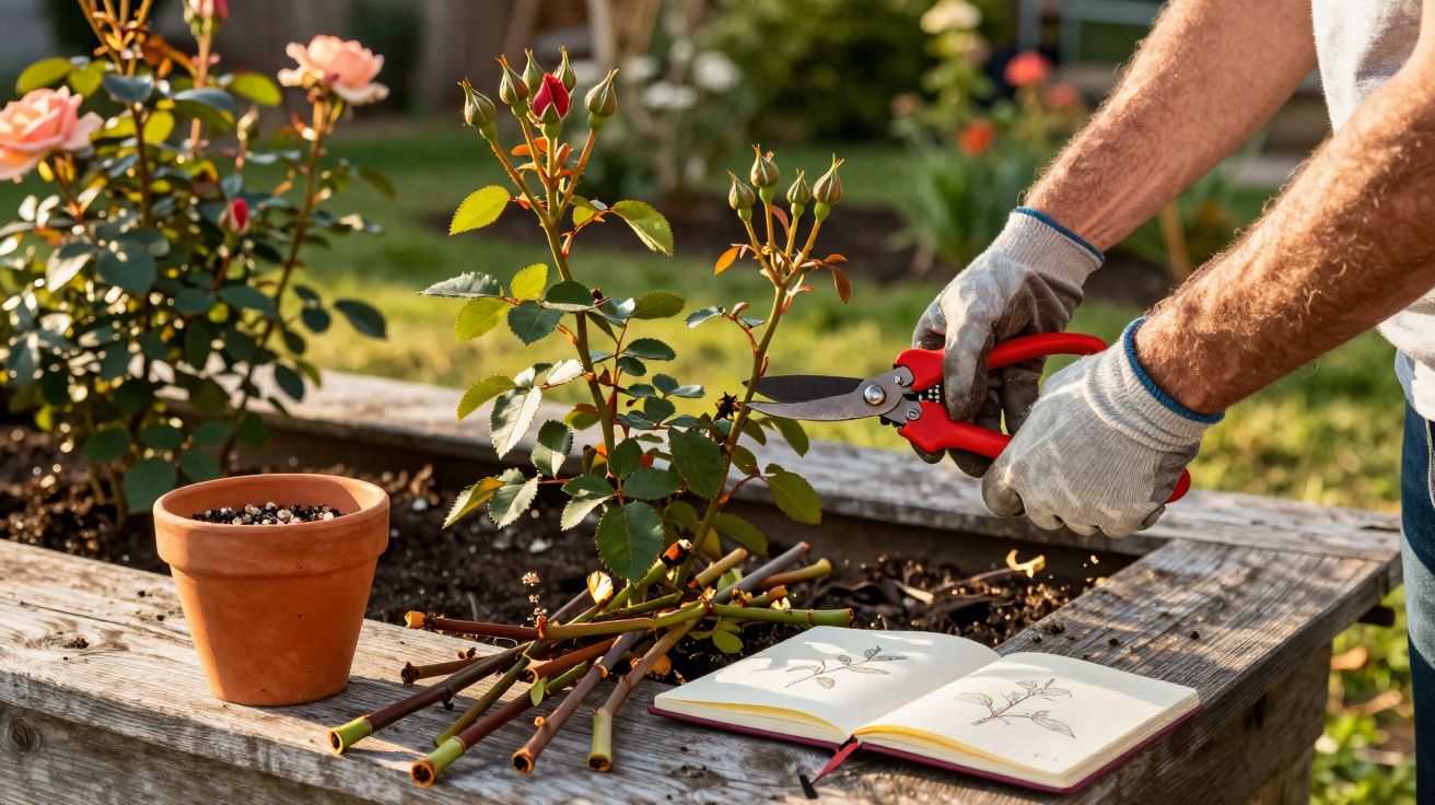 Pessoa a podar uma planta de rosas com tesoura vermelha num jardim, com livro de botânica aberto na mesa.