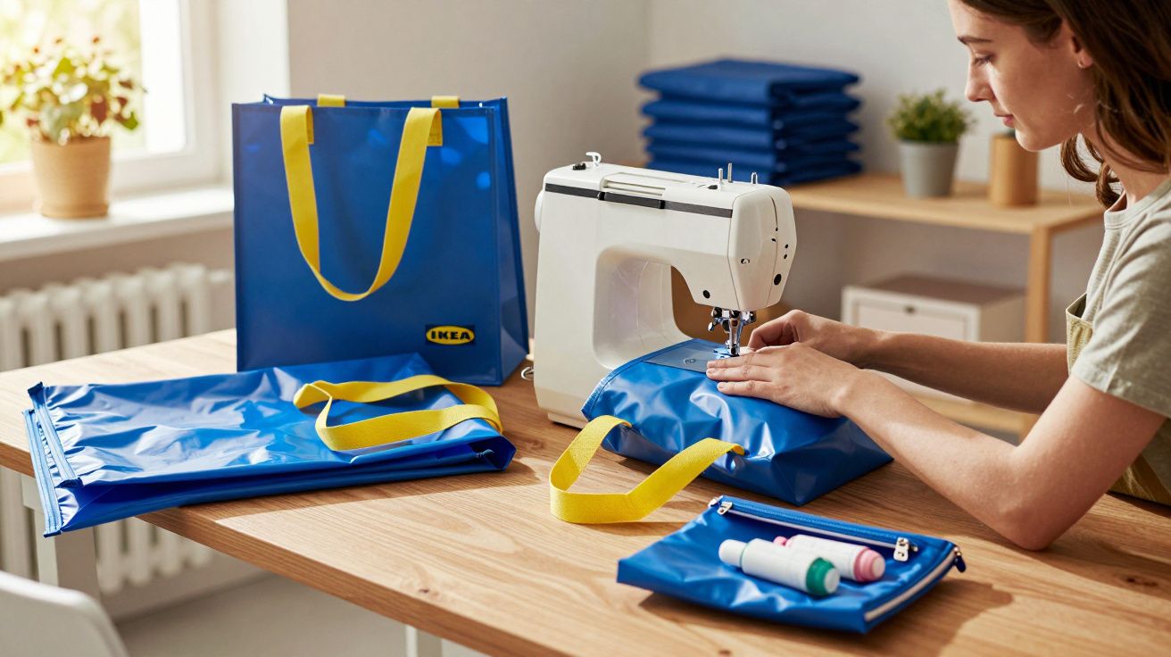 Mulher a coser tecido azul com alças amarelas numa máquina de costura numa mesa de madeira.