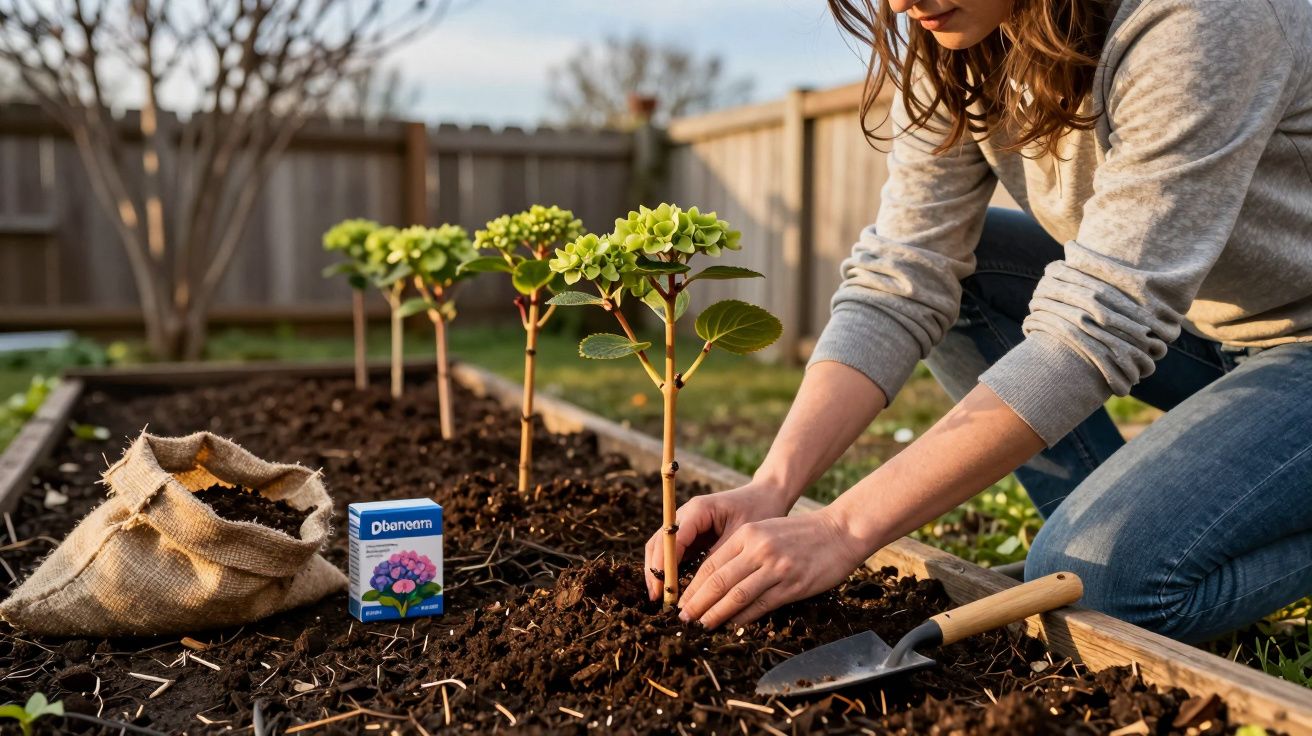 Pessoa a plantar flores num canteiro de terra com utensílio de jardinagem ao lado.