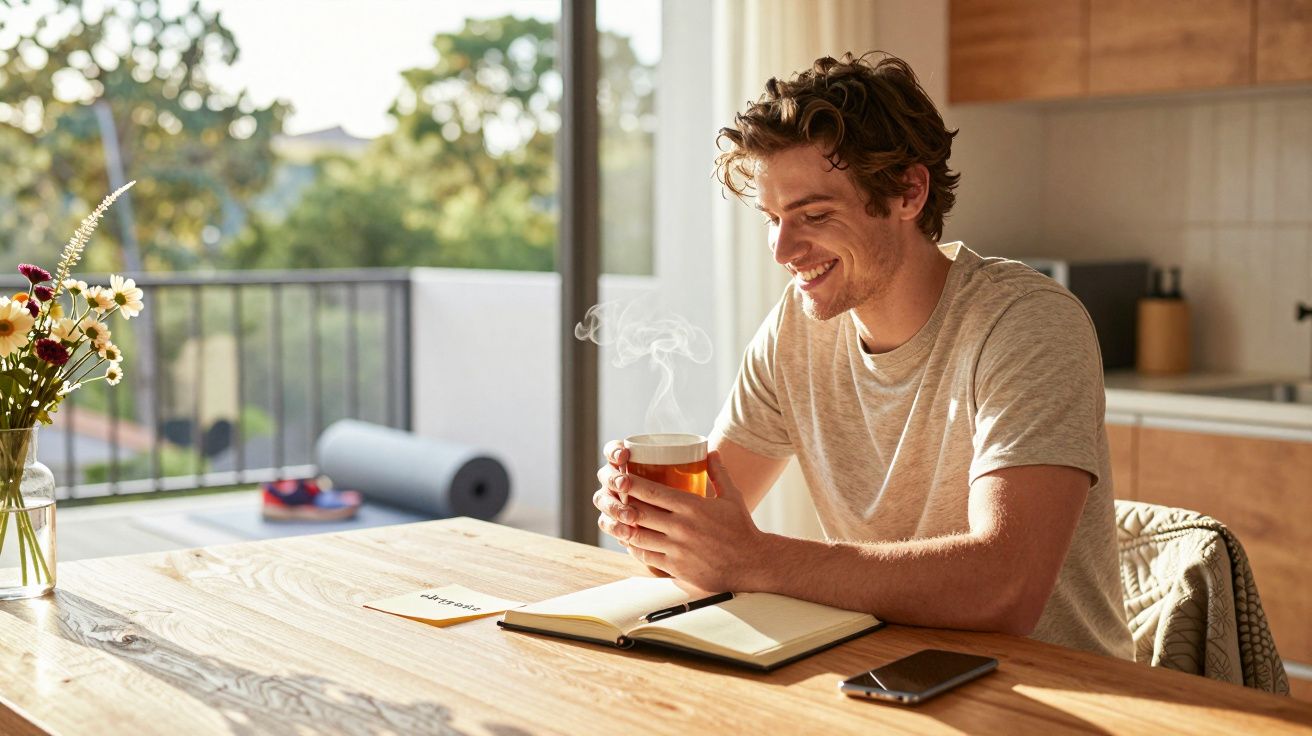Homem sorridente sentado à mesa com chá quente, caderno aberto, telefone e flores numa jarra.