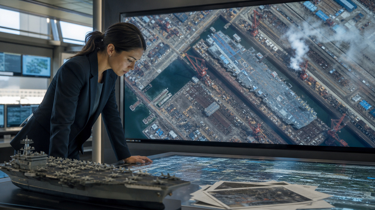 Mulher analisa mapas e imagem aérea de porta-aviões numa sala de controlo tecnológica.