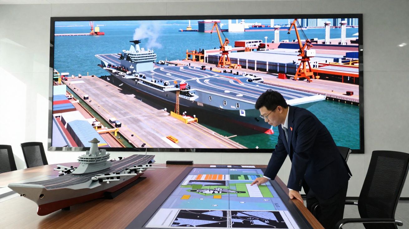 Homem em fato analisa maquete e plantas de porta-aviões numa sala com ecrã gigante a mostrar um navio no porto.
