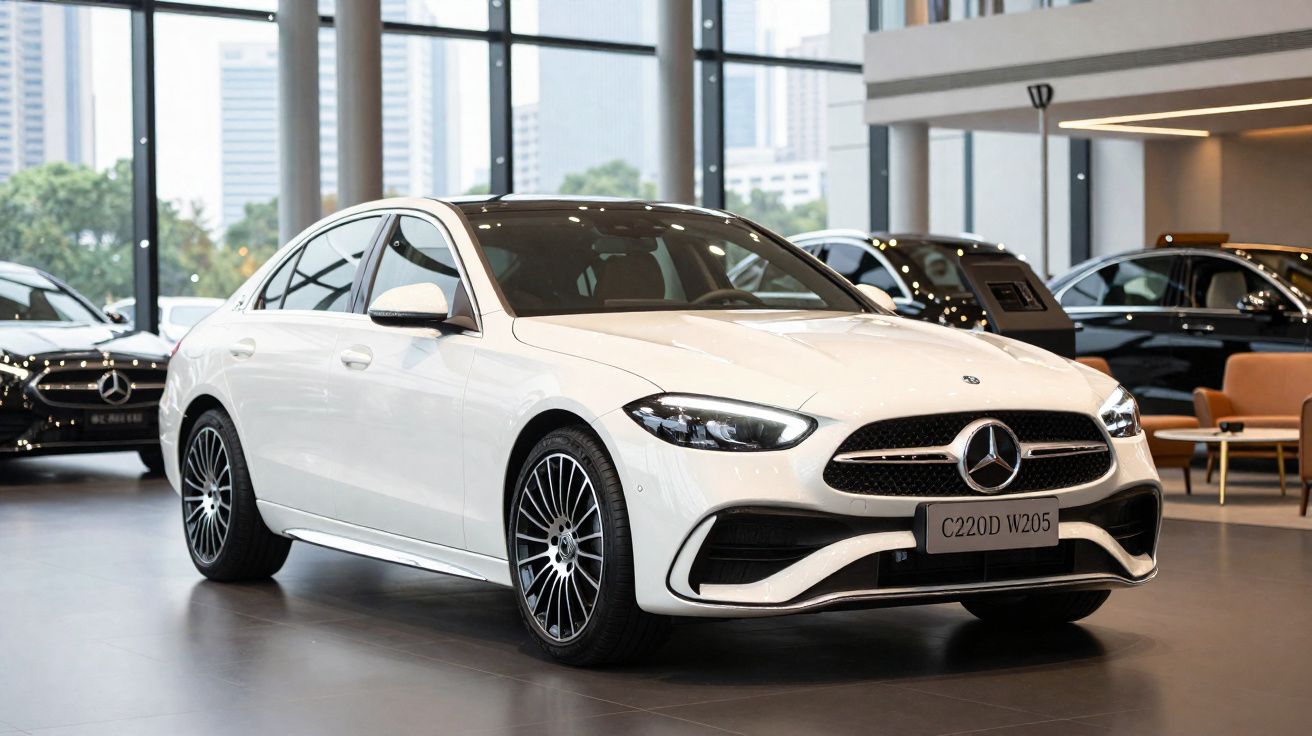 Carro Mercedes-Benz C220D W205 branco num showroom moderno com grandes janelas e vários carros ao fundo.