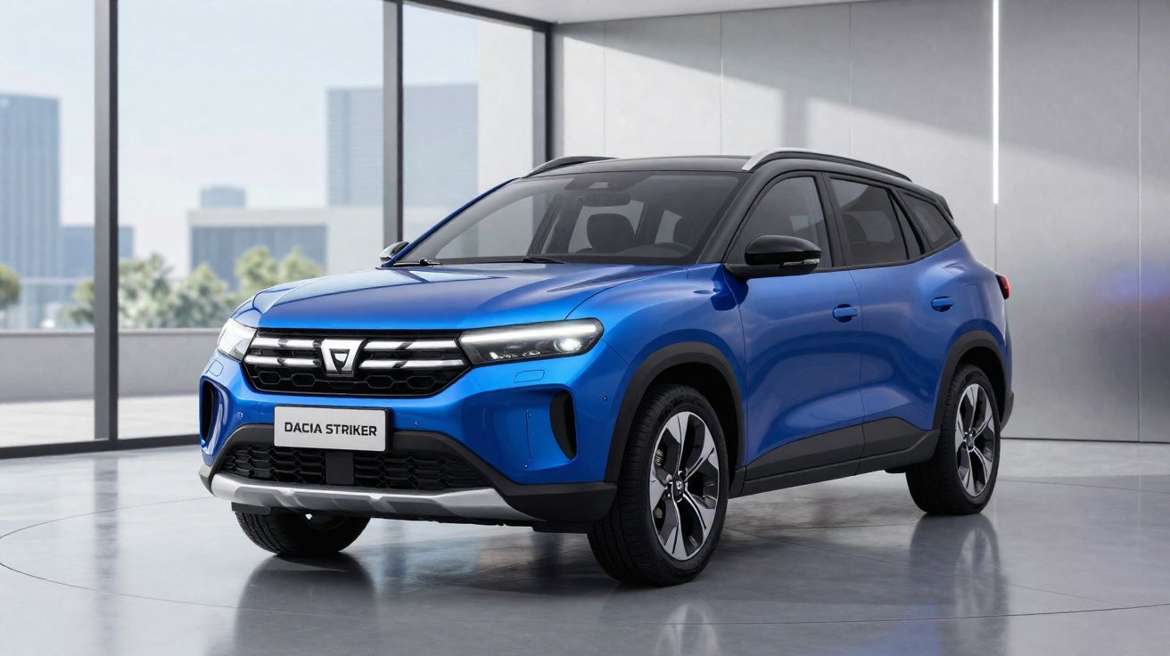 Carro SUV azul Dacia Striker estacionado em espaço interior moderno com grandes janelas.