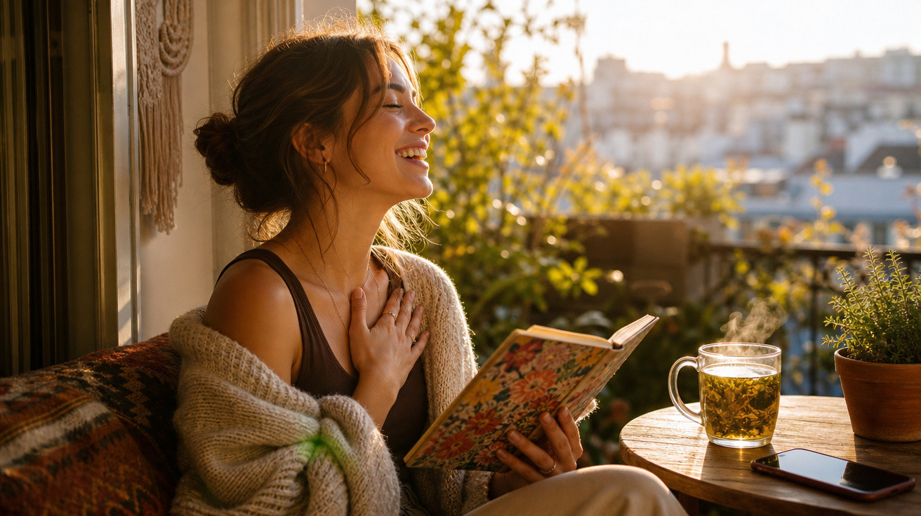 Mulher sorridente a ler um livro ao ar livre com chá num dia ensolarado ao pôr do sol.