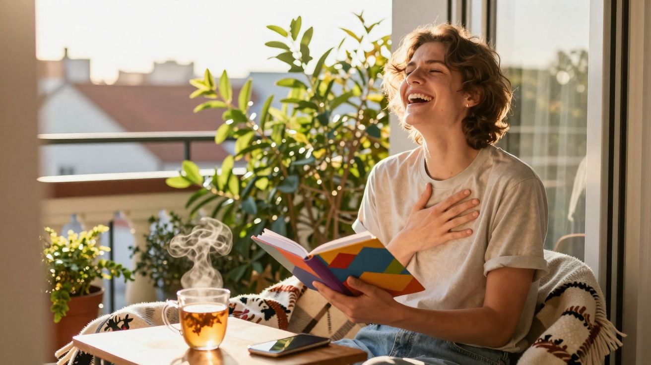 Pessoa a rir enquanto lê um livro num terraço ensolarado, com chá quente e plantas à volta.