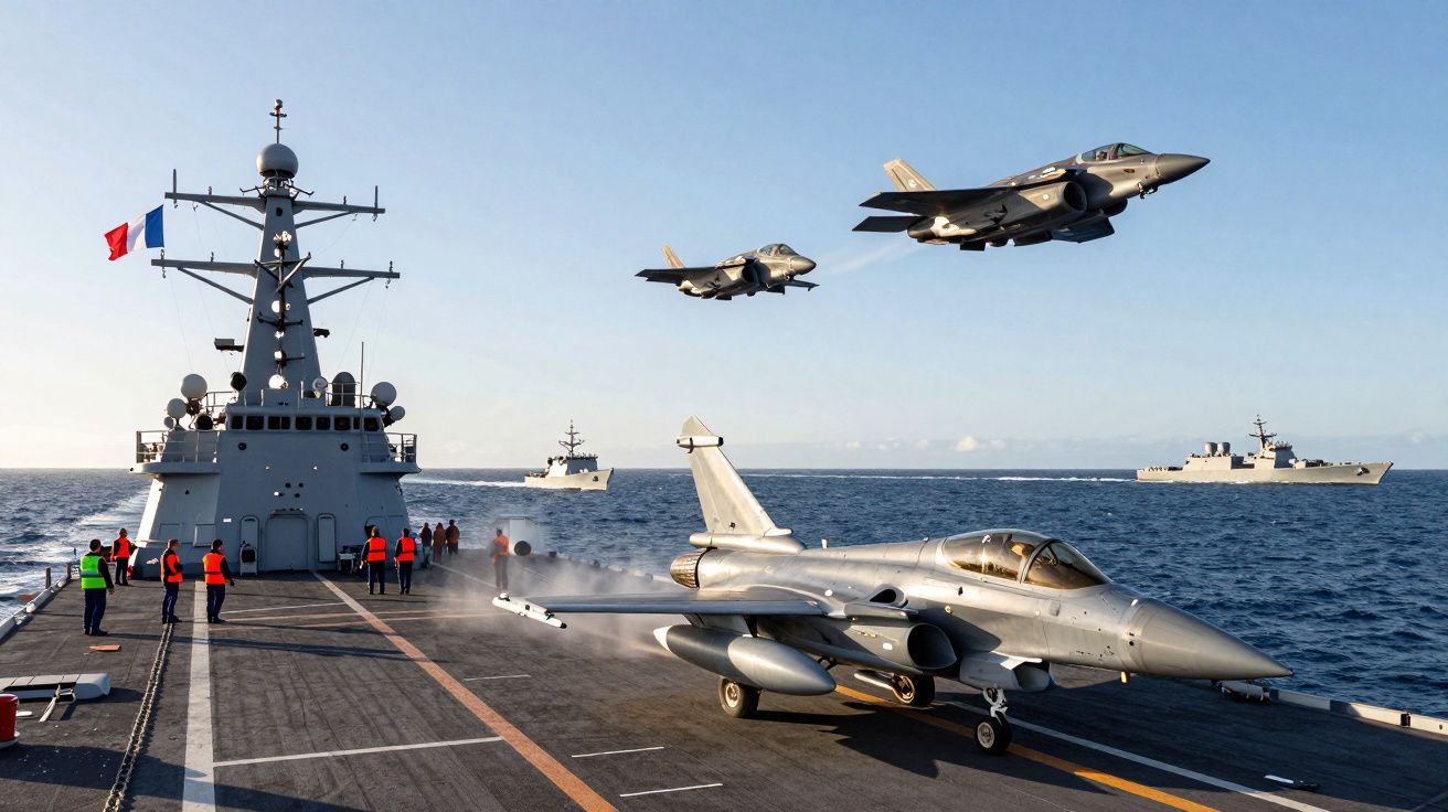 Porta-aviões francês com jatos militares Rafale na pista e outros a voar sobre o mar com tripulação a bordo.