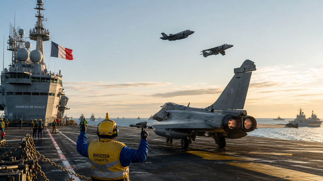 Porta-aviões francês Charles de Gaulle com aviões de combate e tripulação em operação ao pôr do sol.